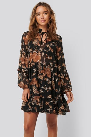 Black/Brown Tie Neck Flowy Mini Dress