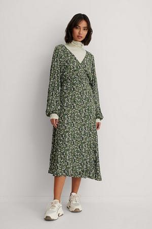 Green Flower Tie Overlap Midi Dress