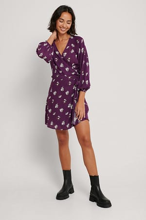 Dusty Smudge Flower Tie Overlap Mini Dress