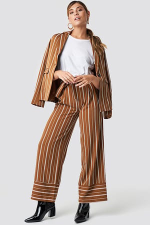 Brown Tie Waist Striped Wide Pants