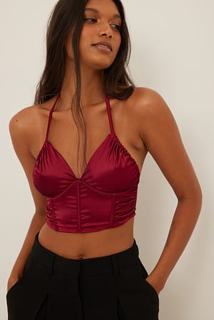 Burgundy Drapiertes, spitz zulaufendes Satin-Korsett
