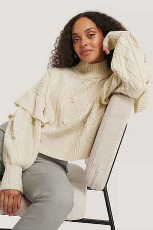 Offwhite Turtleneck Flounce Knitted Sweater