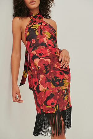 Red Wildflower Floral Twist Neck Fringe Dress
