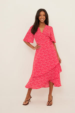 Red Floral Chiffon Midikleid