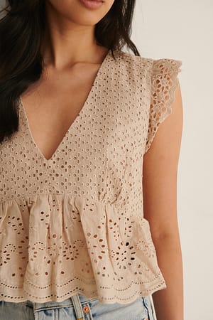 Beige V-neck Anglaise Top