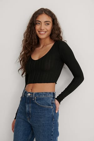Black Cropped Geribde Top Met V-Hals