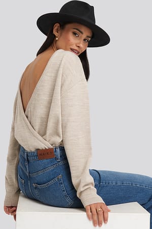 Beige V-shape Deep Back Sweater