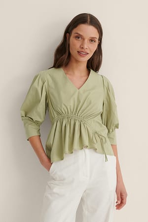 Green V-neck Drawstring Blouse