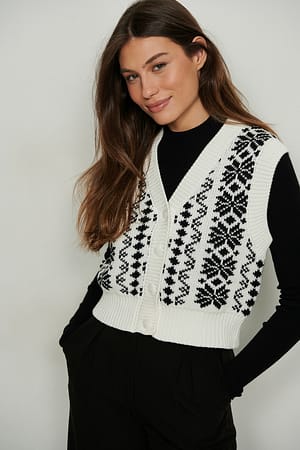 Creme/Black V-Neck Knitted Buttoned Vest