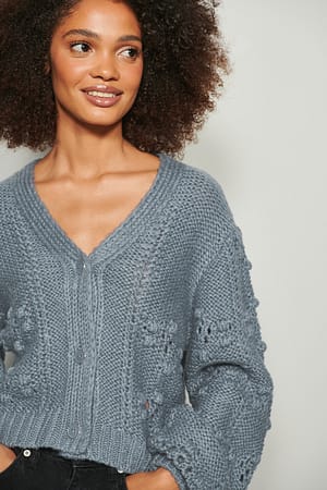 Dusty Blue V-Neck Pom Pom Detailed Knitted Cardigan