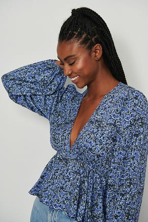 Blue Yellow Print V-Neck Ruffle Blouse