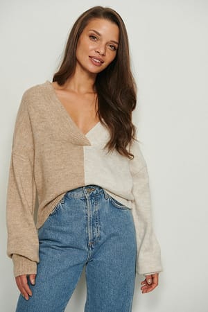 Beige V-Necked Knitted Block Colour Sweater