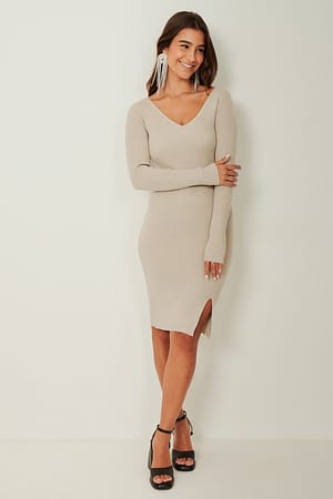 Sand V-shape Ribbed Mini Dress