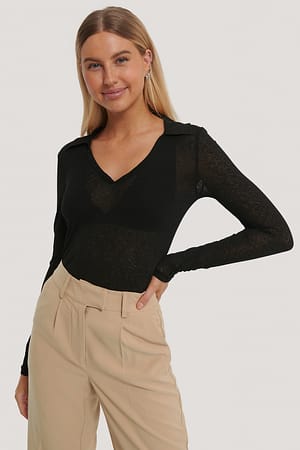 Black V-neck Sheer Long Sleeve Top