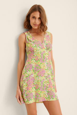 Green Print Minikleid mit V-Ausschnitt