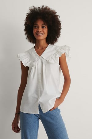 White Wide Collar Cotton Blouse