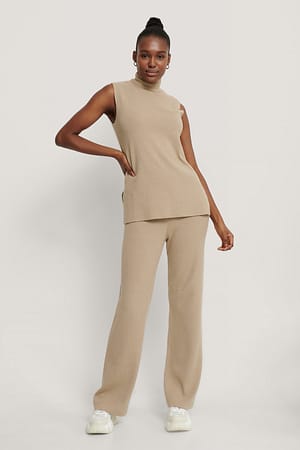 Beige Pantalon Large En Maille