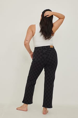 Checked Organische denimbroek met wijde pijpen en hoge taille