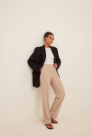 Beige Stripe Wide Leg Pinstriped Pants