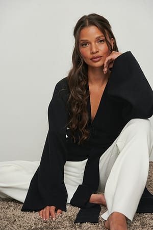 Black Wide Sleeve Overlap Knitted Sweater