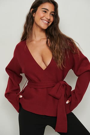 Red Wide Sleeve Overlap Knitted Sweater