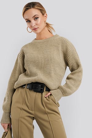 Light Beige Wool Blend Ribbed Knitted Sweater