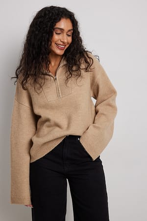 Sand Beige Knitted Zip Up Sweater
