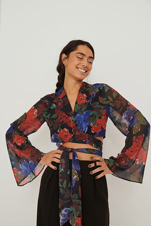 Painted Floral Blue Wikkelblouse met lange mouwen