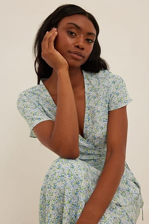 Dusty Blue Floral Print Maxi wikkeljurk