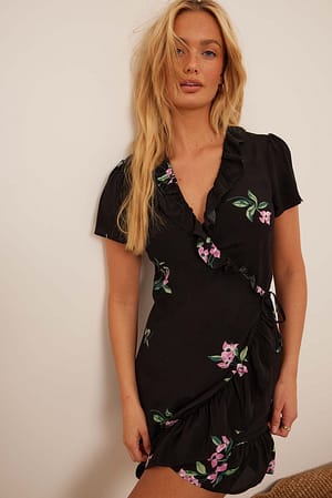 Pink Flower Print Wrap Mini Dress