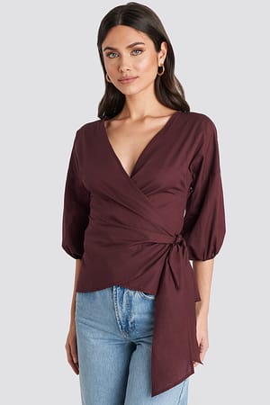 Burgundy Wrap Over Balloon Sleeve Blouse