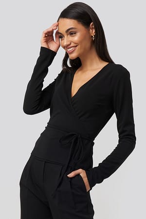 Black Wrap Over Long Sleeve Top