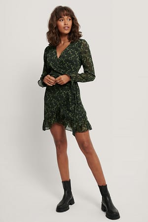 Green Flower Wrap Over Self-Tie Dress