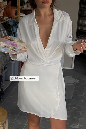 White Wrapped Satin Shirt Dress