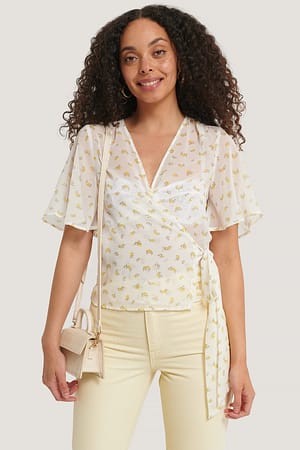 White/Yellow Flower Wrapped Shirred Blouse