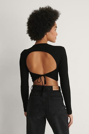 Black Ribbed Open Back Detail Top