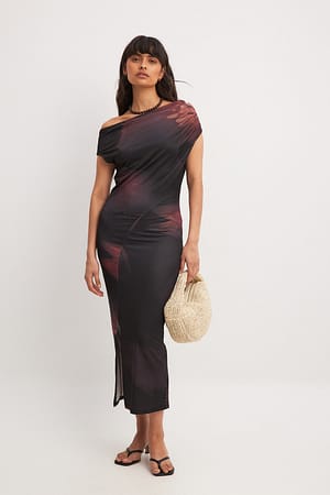 Red Flower Print Vestido jersey sin hombros