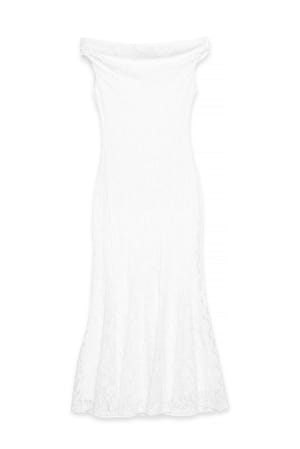 White schulterfreies Midikleid aus Spitze