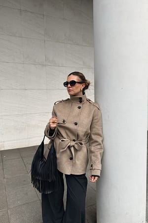 Beige High Neck Wool Blend Short Coat