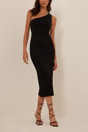 Black One Shoulder Midi Dress
