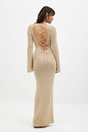 Beige Open Back Lace Detail Knitted Maxi Dress
