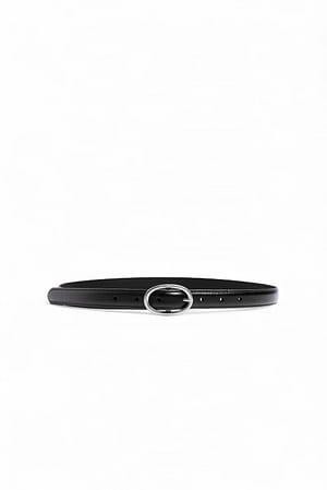 Black Oval Buckle Leather Slim Belt