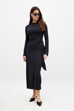 Black Overlap Midi Dress