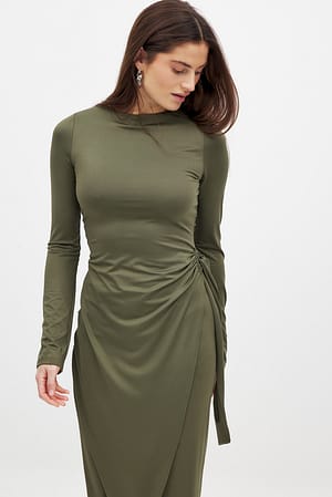 Khaki Overlap Midi Dress