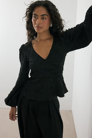 Black Wikkelblouse met wijde mouwen