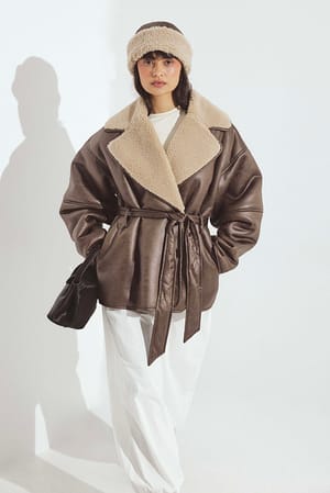 Brown Oversized Belted Shearling Jacket