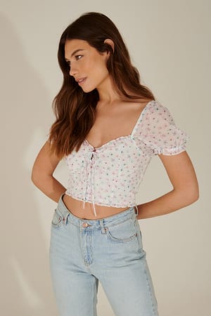 Watercolor Flowers Gerecycled crop top met kantdetail