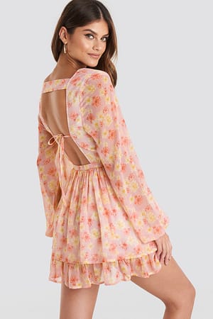 Flower Print Open Back V-neck Dress