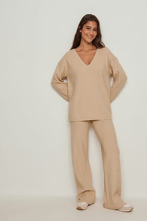 Beige Soft Ribbed Loose Fit Pants