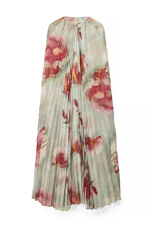 Abstract Floral Pleated Cape Detail Maxi Dress